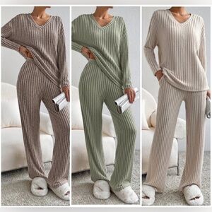 long sleeve v neck long comfortable pants, lounge wear knitted 2 piece outfit